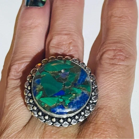 New Artisan Blue Green Natural Azurite Stone 925 Sterling Silver Circle Ring - Picture 10 of 15